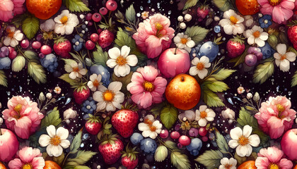 The bright and colorful pattern with apples of different colors on a dark background is suitable for wallpaper, textiles, packaging and web design.