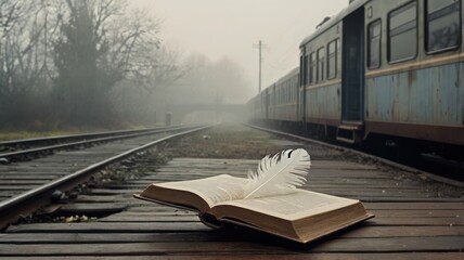 Open book on railway tracks in foggy weather