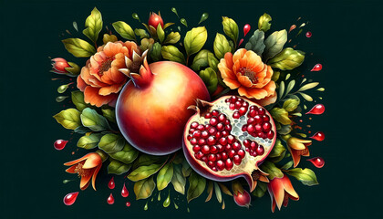 The pomegranate tree is an original watercolor painting depicting red ripe pomegranates and flowers. Beautiful pomegranate flowers on canvas. Modern Impressionism. Vivid artistic