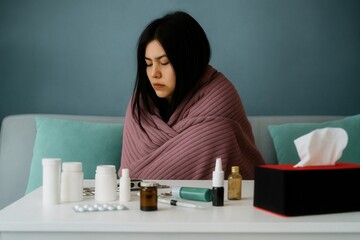 A woman wrapped in a blanket, resting at home with a collection of medicine, looking tired and unwell
