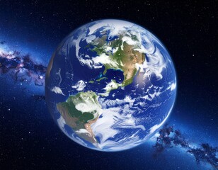 Fototapeta premium Realistic Earth floating in deep space with nebula galaxy background, cinematic light, high detail
