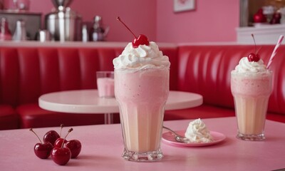 Delicious strawberry milkshake with cherry topping in retro diner setting
