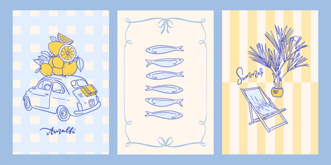Amalfi style summer vacation posters set. Line art ink hand drawn Italy coast vintage elements. Sea weekend or rest drawings for cafe or restaurant decor,party invitations. Lemons and sardines. Vector