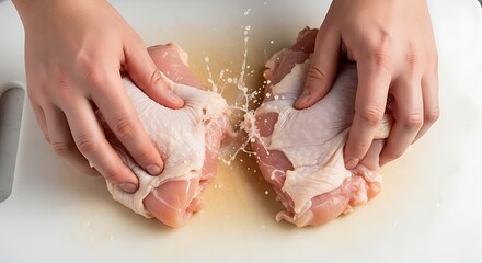 Fototapeta premium Washing Raw Chicken Thighs with Splashing Water on Cutting Board