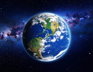 Realistic Earth floating in deep space with nebula galaxy background, cinematic light, high detail