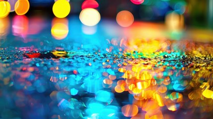 HDR rainy street night with neon colorful reflections. AI-generated.