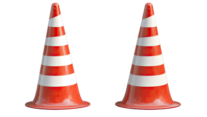 Two traffic cones, bright orange and white, stand upright