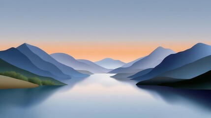 Tranquil landscape with mountains and calm water at dawn, featuring soft gradients and serenity.