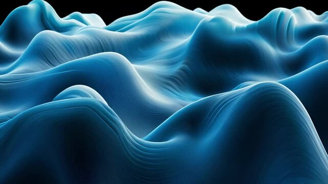 Mesmerizing blue waves of smooth flowing patterns in a dark setting creating an abstract landscape