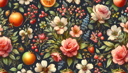 Intricate design with intricate flowers and colorful fruits, pattern, botanical, flowers. Garden print, summer, wildflowers