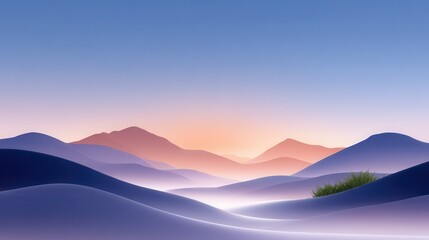 Serene pastel landscape at dusk, featuring rolling hills and a hint of greenery.