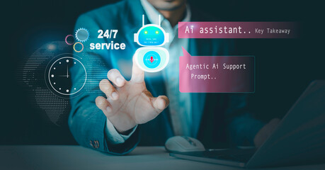 Customer service offer 24-7 support, AI assistant interaction, digital support with global communication icons, Contact us page, online helpdesk, virtual AI agents, Key Takeaway, chatbot, email