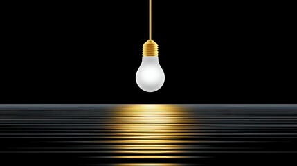 A hanging light bulb casts a golden glow over a serene, rippling water surface.