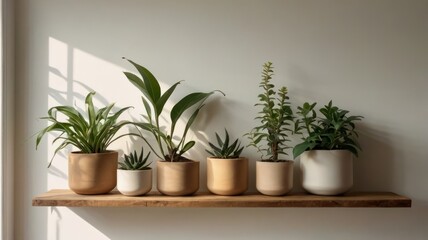 Plants in terracotta pots on shelf