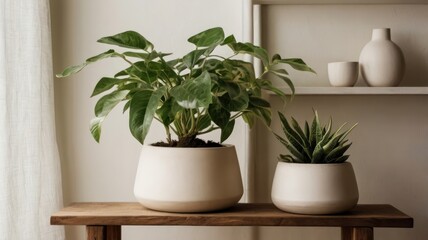 Two potted plants on a wooden table in a light-filled room