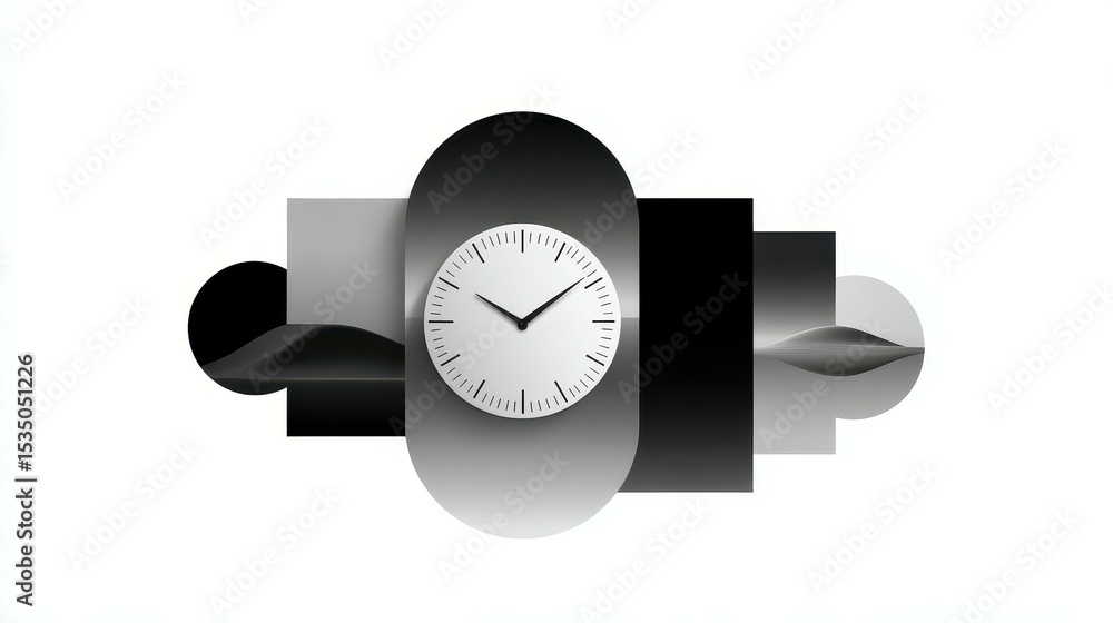 Poster stylish monochrome clock design with abstract geometric elements.