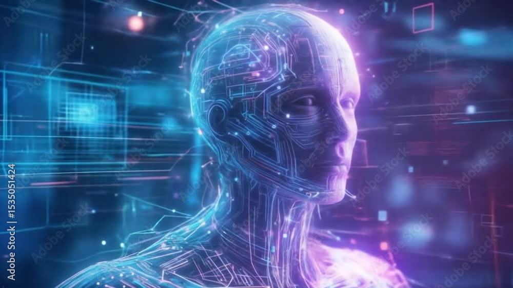 Poster futuristic cyborg head in digital space: artificial intelligence and machine learning concept