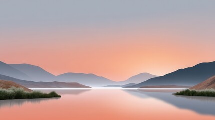 Fototapeta premium Serene sunset over a tranquil lake surrounded by soft, rolling hills.