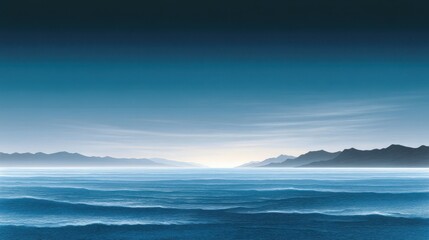 Obraz premium Serene seascape at twilight with gentle waves and distant mountains.
