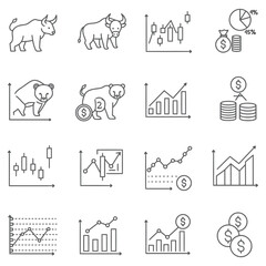 Stock market investment icons bulls bears charts diagrams illustrating financial trends and profit gains
