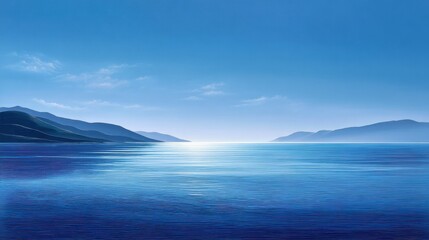 Serene blue ocean landscape at dawn with gentle waves and distant mountains.