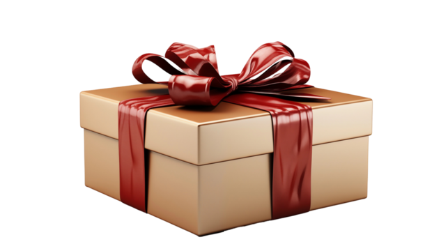 Shiny gold gift box with red ribbon, luxury holiday surprise, festive celebration decor, elegant present packaging, isolated on transparent background.