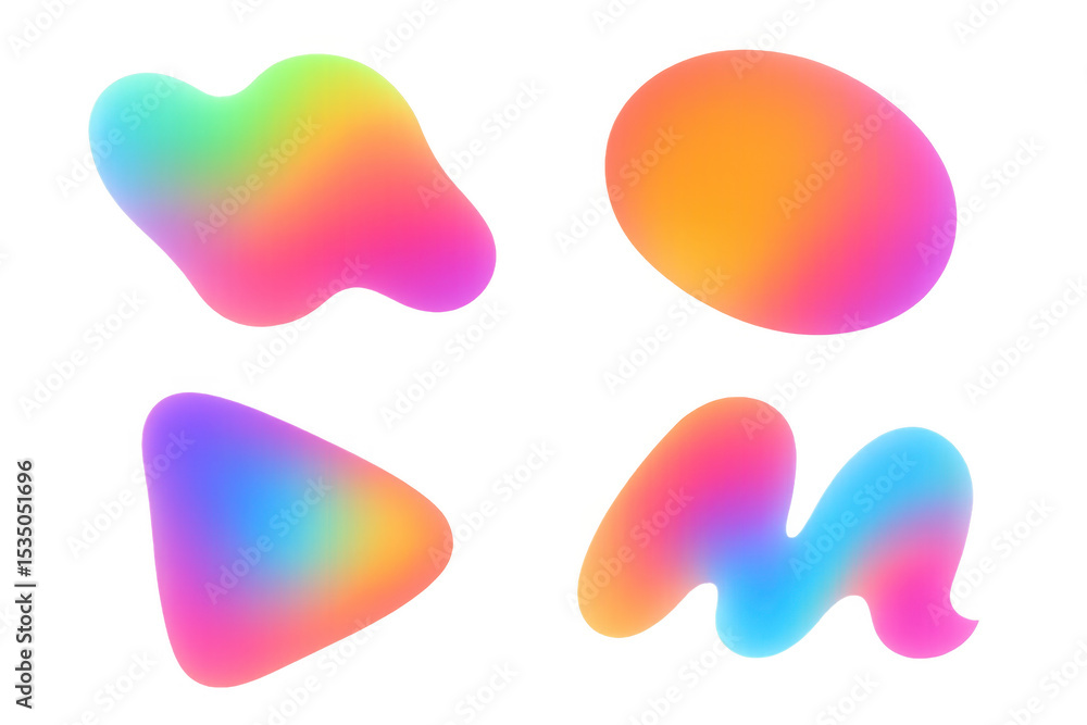 Poster four colorful abstract shapes blending different colors with transparent background, perfect for mod