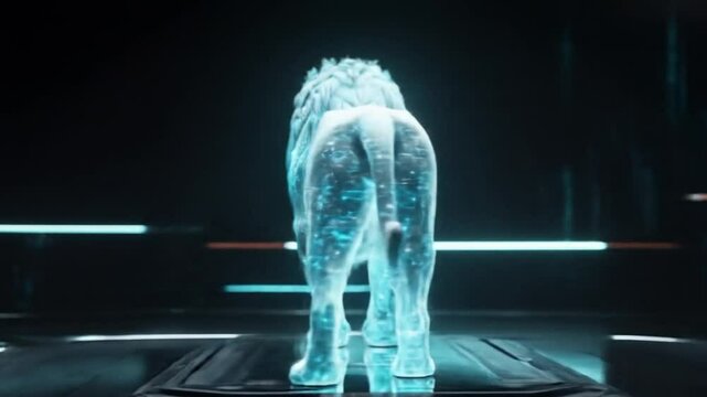 Futuristic digital lion concept with glowing blue lines and circuit patterns in a dark setting