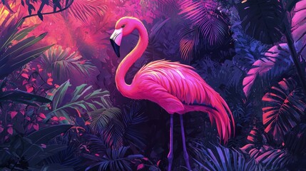 Pink flamingo amidst vibrant tropical foliage.