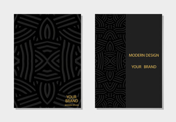 Set of covers, vertical templates, boho. Collection of geometric black backgrounds with ethnic patterns. Mandala, arabesques, logo. Relief 3D ornaments of the East, Asia, India, Mexico, Aztec, Peru.