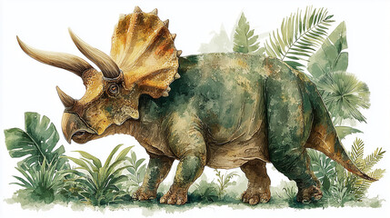 Fototapeta premium Triceratops clipart | watercolor style | prehistoric greenery around | white background