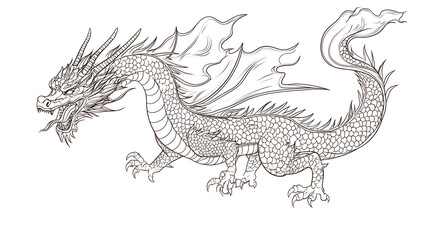 Line Art Dragon with Wings and Scales
