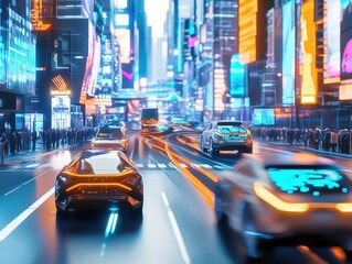 Obraz premium Fast-paced night view of city street filled with cars and neon lights
