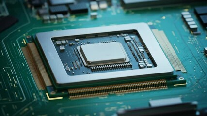 High resolution closeup of processor chip on motherboard detailed circuit board image modern computer technology engineering design technical illustration technology illustration