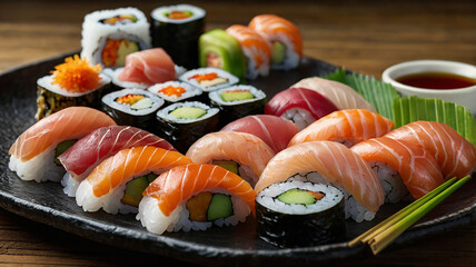 Appetizing sushi offerings with a variety of nigiri, sashimi, and maki rolls