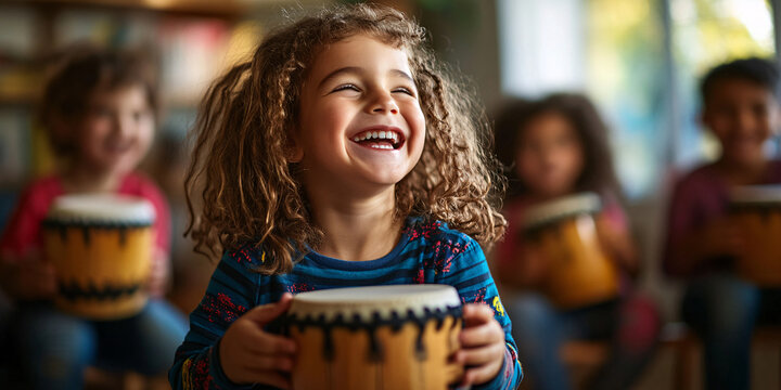 Happy kids playing drums. Joyful music class.
