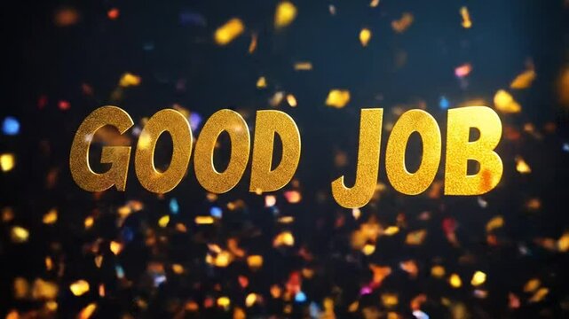 Gold Good Job Text with Confetti Falling for Celebration and Achievement