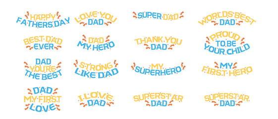 Vector illustration of Father's Day sticker text design, featuring celebratory phrases and decorative typography, perfect for cards, social media, and gifts.