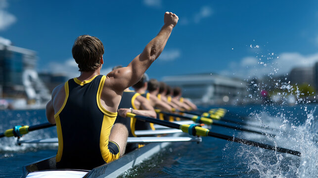 Celebrating Victory: Regatta Team Crosses Finish Line Together - Powered by Adobe