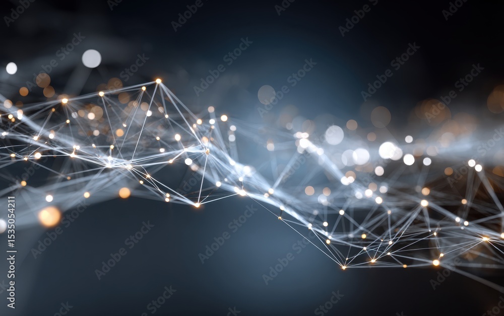 Poster abstract network illustration, white lines connecting glowing points on dark background with light, 