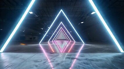 A glowing three dimensional neon triangle hovers textured concrete floor forming endless ultraviolet tunnel crisp laser lines that loop smoothly delivering futuristic geometric ambience perfect sci - Powered by Adobe
