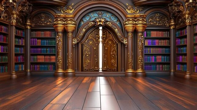 Fantasy Royal Library Interiors, Fantasy royal library with ornate golden doors and ancient bookshelves, magical storytelling room with wood floors and luxurious details