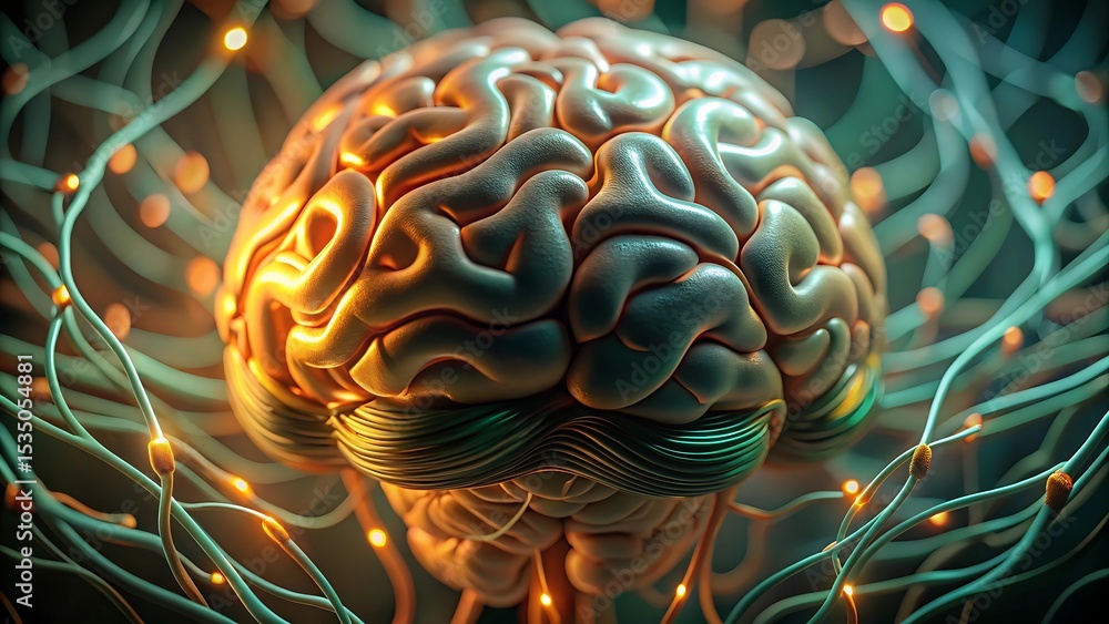 Poster highly detailed futuristic human brain simulation with glowing neural network connections and deep l