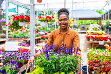 Woman pushing shopping cart with plants in greenhouse