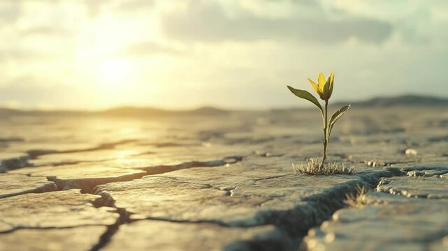 Life's Resurgence: A solitary plant fearlessly emerges from cracked, barren earth, symbolizing hope and resilience against a backdrop of adversity, bathed in the soft glow of dawn.