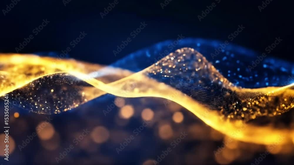 Poster abstract flowing particle wave with golden and blue bokeh effect on dark background
