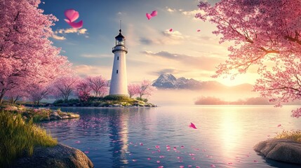 Lighthouse at Sunrise, Cherry Blossoms, Lakeside