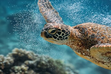 Obraz premium Majestic Sea Turtle Swimming Gracefully Through Crystal Clear Ocean Water Surrounded by Bubbles and Coral Reef in Vibrant Marine Ecosystem