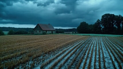 Stormy Field with Farmhouse