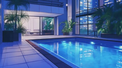 Rooftop Pool at Night in Modern Cityscape